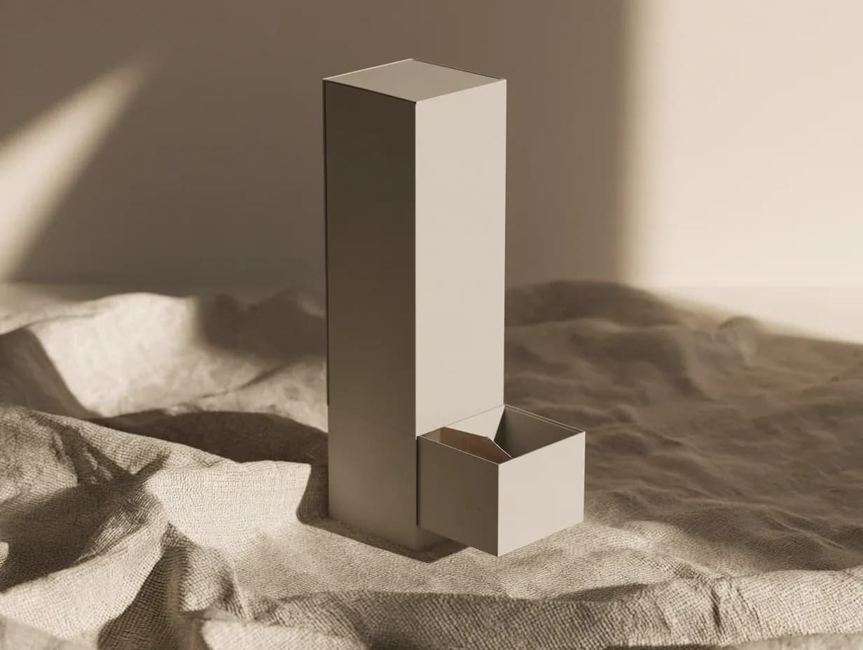 A tall rigid paperboard box standing upright with its inner drawer slid out at the base.