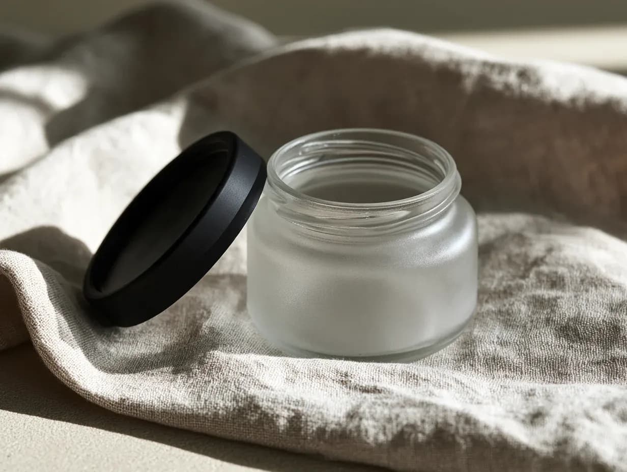 A frosted glass jar with its black screw lid lifted off and resting beside it, the empty interior open.