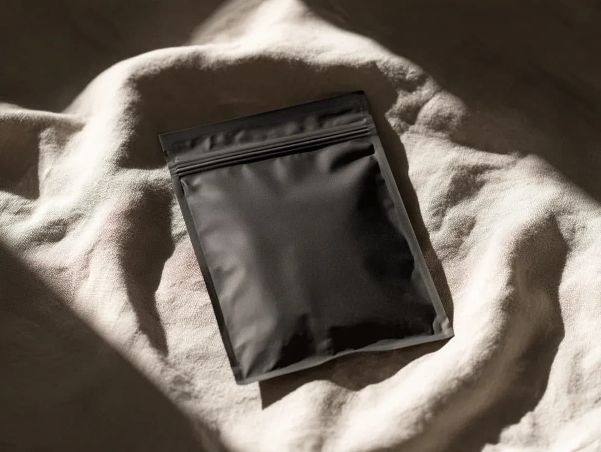 A flat mylar pouch lying face up, seen from above, with a zipper track across its top edge.
